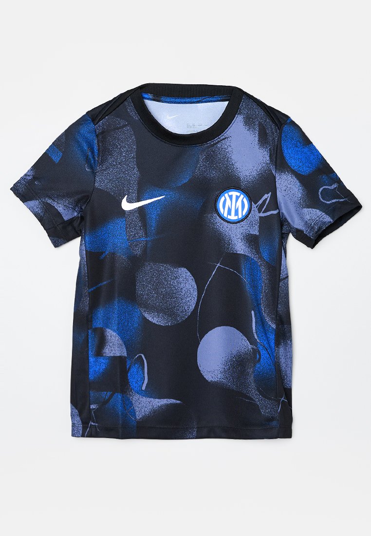 Maglietta sportiva Nike a maniche corte, nera e blu, con motivi astratti e logo del club calcistico Inter Milan sul petto.