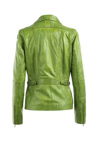 Groene leren jas met een riem in de taille, gestructureerde naden en ritsmanchetten. Heeft een gestructureerde kraag en een gladde afwerking.