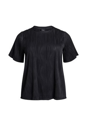 Black short-sleeve top with a ribbed texture, round neckline, and wavy pattern throughout. Made from a smooth, light fabric.