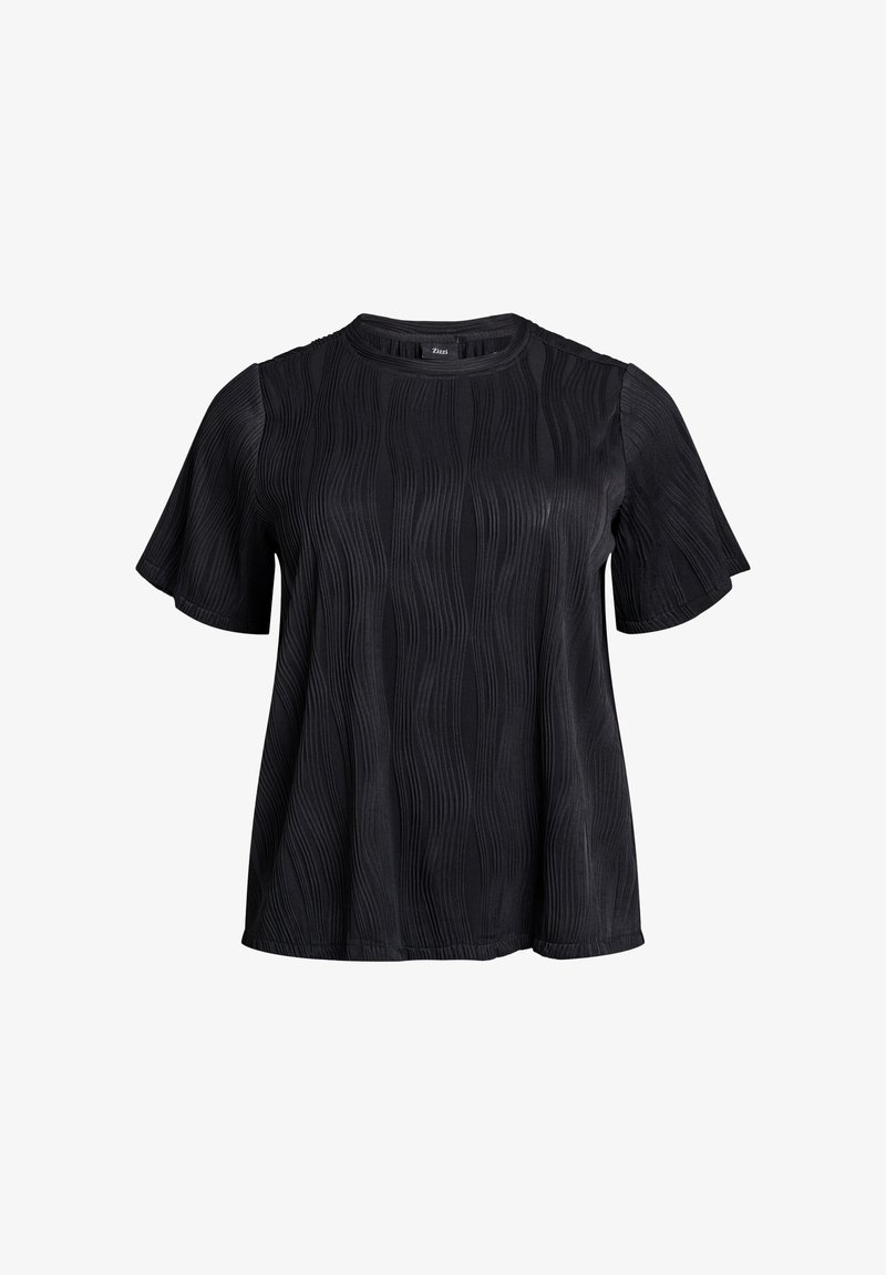 Sort kortærmet top med ribbet tekstur, rund halsudskæring og bølget mønster over det hele. Lavet af et glat, let stof.