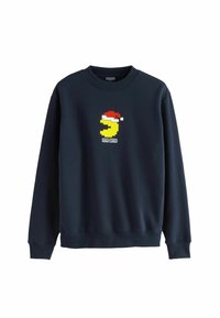 Felpa blu navy con scollo a cuoricino a costine. Presenta un design in pixel art di un personaggio giallo con un cappello di Babbo Natale rosso sul davanti.