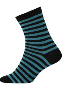 Sorte sokker med vandrette striber i blå og grøn. Materialet ser blødt ud med en ribbet kant og en forstærket tå.