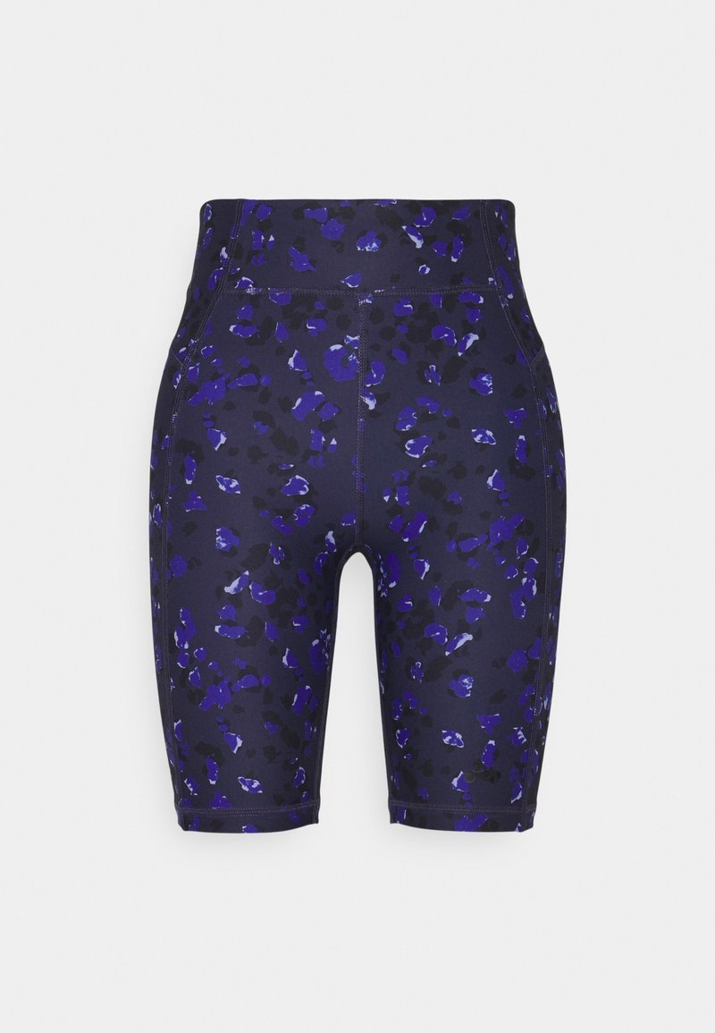 Shorts cyclistes taille haute bleu marine avec imprimé floral abstrait bleu et noir, conçus pour un usage sportif ou décontracté.