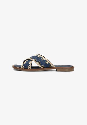 Navy blue slip-on sandals with woven beige accents, featuring a cross-strap design and a textured fabric upper on a flat sole.