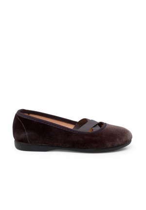 Brown velvet ballet flat with a rounded toe, elastic strap across the instep, and a smooth black rubber sole.
