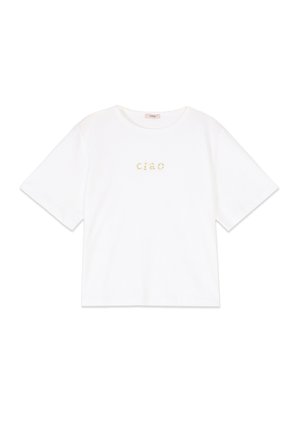 Weißes T-Shirt mit kurzen Ärmeln und Rundhalsausschnitt, mit dem Wort "ciao" in floralem Druck auf der Brust.