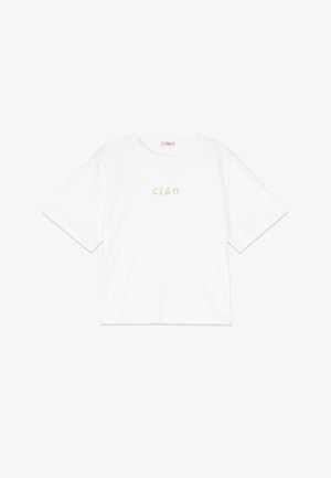 Weißes T-Shirt mit kurzen Ärmeln und Rundhalsausschnitt, mit dem Wort "ciao" in floralem Druck auf der Brust.