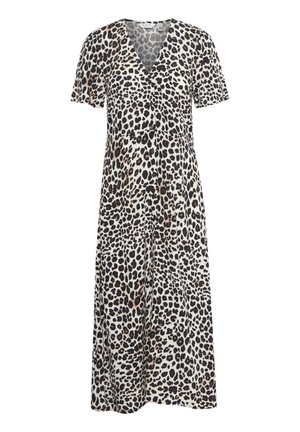 Leopard print dress with short sleeves, V-neckline, made of soft fabric, featuring a flowing silhouette and a knee-length hem.