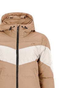 Padded bunda v béžovej farbe s krémovým diagonálnym pruhom, so zipsom vpredu, nastaviteľnou kapucňou a dvoma bočnými vreckami. Vyrobená z vodeodolného materiálu.