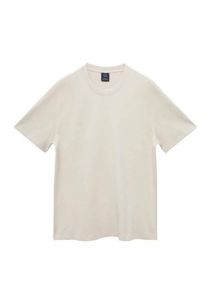 Ljusbeige kortärmad t-shirt i mjukt material, med rund halsringning och rak fåll. Enkelt och enfärgat mönster utan dekorationer.