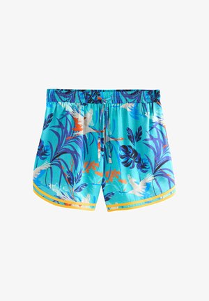 Pantaloni scurți de baie tropicali albaștri, cu un model floral vibrant, talie elastică și dungi galbene contrastante la tiv.