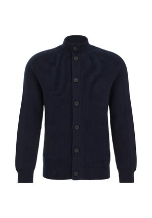 Granatowy kardigan z prążkowanego materiału, wykonany z dzianiny, z wysokim kołnierzem i sześcioma guzikami z przodu, z dopasowanymi długimi rękawami.