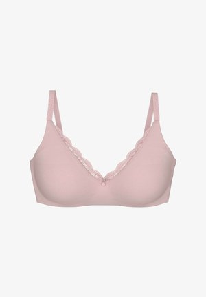 Pink wireless bra with lace trim and adjustable straps, featuring a smooth texture and a decorative button at the center.