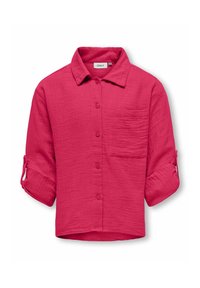 Camisa de botones fucsia con cuello, mangas enrollables, un bolsillo en el pecho y tejido texturizado; estilo informal con un corte holgado.