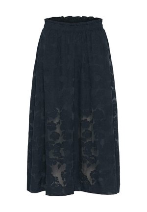 Dark blue maxi skirt featuring a textured floral pattern, with a gathered elastic waistband and a lightweight, sheer fabric.