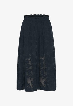 Dark blue maxi skirt featuring a textured floral pattern, with a gathered elastic waistband and a lightweight, sheer fabric.