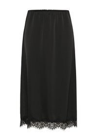 Jupe noire en tissu lisse. Elle présente un ourlet en dentelle avec des motifs complexes. Taille élastique pour le confort. Coupe mi-longue.