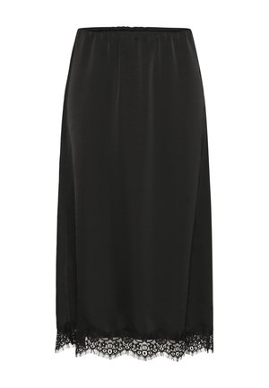 Jupe noire en tissu lisse. Elle présente un ourlet en dentelle avec des motifs complexes. Taille élastique pour le confort. Coupe mi-longue.