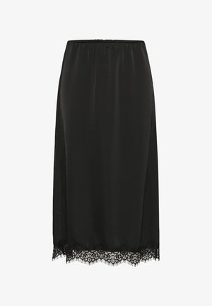 Mustast siledast kangast seelik. Omaduseks pitsiline ääreosa keerukate mustritega. Mugav elastne vöökoht. Keskmise pikkusega disain.