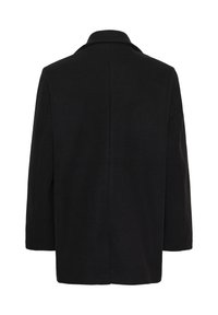 Čierny vlnený kabát so štruktúrovaným dizajnom, známy svojimi čistými líniami, širokým golierom a stredne dlhými rukávmi. Hladká textúra, bez viditeľného kovania.