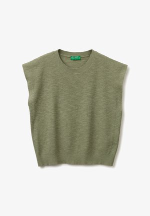 Bezrękawnik z dzianiny w oliwkowym zielonym kolorze, z okrągłym dekoltem i prążkowanymi brzegami, rozłożony na płasko, z małą zieloną metką marki przy kołnierzu.