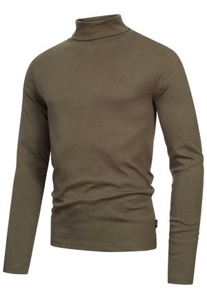 Maglione a maniche lunghe verde oliva con collo alto realizzato in un tessuto morbido e elasticizzato. Design aderente con un logo inciso in modo sottile sul petto.