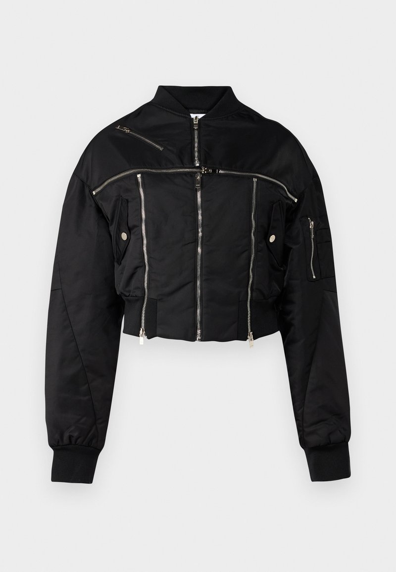 Black cropped bomber jacket made of smooth fabric. Features silver zippers, ribbed cuffs, and multiple zippered pockets.