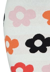Kniestrümpfe mit einem weißen Grund und wiederkehrenden Blumenmustern in Pink, Orange und Schwarz. Glattes Strickgewebe mit kräftigen Farben.