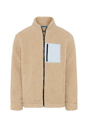 Beige fleece jack met een zachte textuur, hoge kraag en een ritssluiting aan de voorkant. Kenmerkt zich door een contrasterende lichtblauwe zak met een rits.