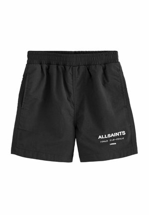Schwarze Shorts mit einem elastischen Bund, seitlichen Taschen und einem weißen Textlogo. Glatte Textur, schlichtes Design, ohne Muster oder Verzierungen.