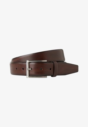 Brauner Ledergürtel mit einer silbernen Metallschnalle. Verfügt über eine glatte Textur und fünf verstellbare Löcher zur Anpassung. Die Enden sind spitz zulaufend für einen eleganten Look.