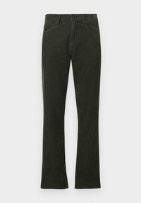 Pantalon en velours côtelé vert foncé à coupe droite, doté de cinq poches et d'accessoires métalliques pour la fermeture. Tissu texturé visible.