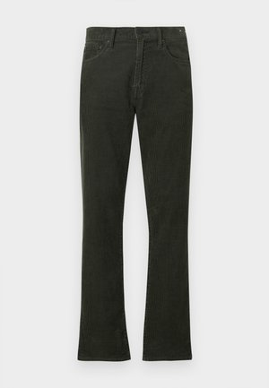 Pantalon en velours côtelé vert foncé à coupe droite, doté de cinq poches et d'accessoires métalliques pour la fermeture. Tissu texturé visible.