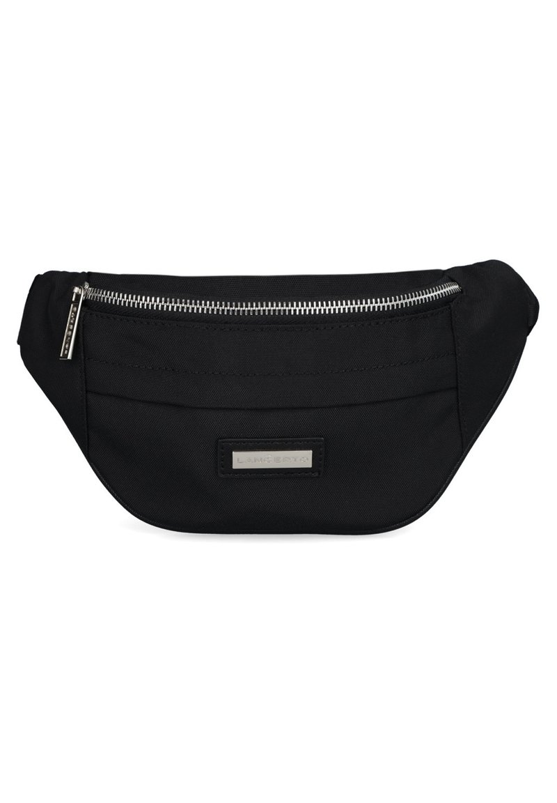 Czarna nerka o zaokrąglonym kształcie, z przednią kieszenią zapinaną na zamek oraz gładką, trwałą teksturą. Akcent z hardware w kolorze srebrnym.