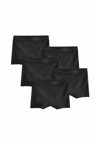 Fünf schwarze Baumwoll-Boxershorts mit einer glatten Textur, ausgestattet mit einem weichen, elastischen Bund, der mit "NEXT" geprägt ist, und einem schlichten, minimalistischen Design.