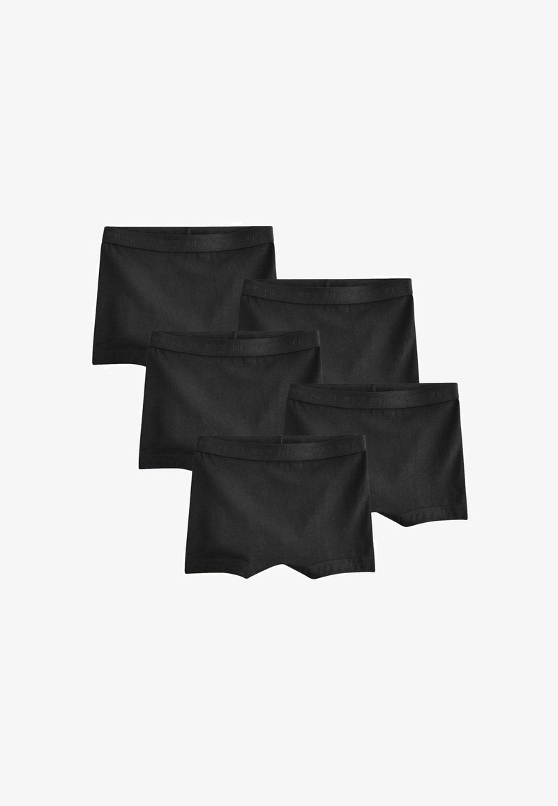 Cinq paires de boxers noirs en coton sans couture disposées en formation décalée sur fond blanc.