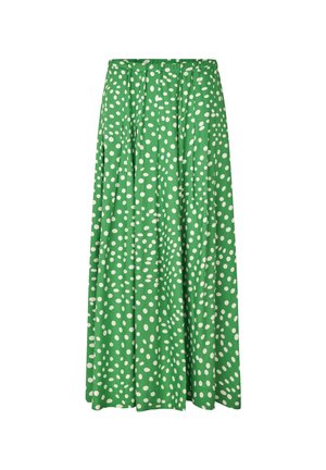 Grøn maxinederdel lavet af stof med et mønster af store hvide prikker. Den har et plisseret design og en elastisk talje.