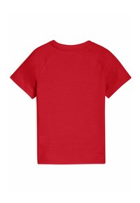 Kortärmad röd t-shirt med rund halsringning, tillverkad av mjukt material. Har en slät textur och en enkel, enfärgad design.