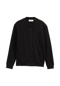 Schwarzer Sweatshirt mit Reißverschluss aus weichem Stoff, mit rundem Kragen, zwei Fronttaschen sowie gerippten Bündchen und Saum. Keine Muster oder Grafiken.