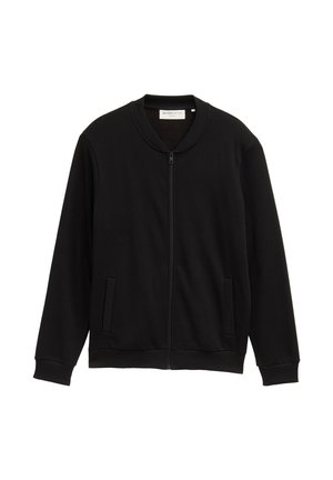 Felpa nera con zip in tessuto morbido, con collo rotondo, due tasche frontali e polsini e orlo a costine. Senza motivi né grafiche.