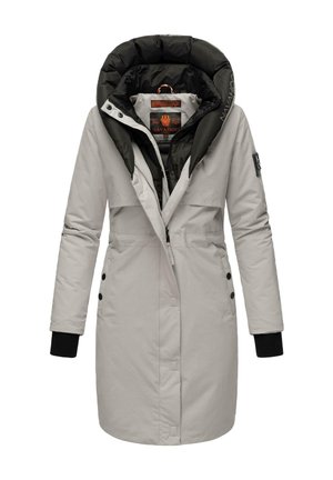 Manteau rembourré gris clair avec une capuche noire, fermeture éclair à l'avant et boutons-pression. Comprend des poignets élastiques et un design à double couche pour la chaleur.