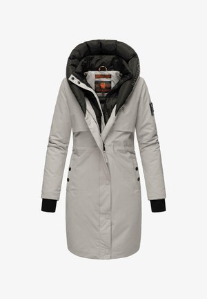 Helehall hall coat musta kapuutsi ja lukuga ees, koos nupuvajutustega. Omab elastseid varrukaid ja kahediagonaalset disaini soojuse tagamiseks.