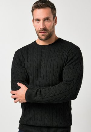 Hombre con pelo corto y castaño y barba, que lleva un suéter negro de punto con trenzas, de pie con los brazos cruzados frente a un fondo liso.