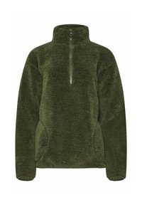Olijfgroen fleece pullover, met een halve ritssluiting, hoge kraag en textuurstof. Inclusief zijzakken en een relaxte pasvorm.