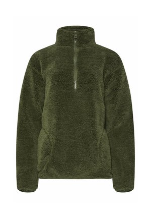 Olivgrüner Fleece-Pullover mit halbem Reißverschluss, hohem Kragen und strukturiertem Material. Verfügt über Seitentaschen und ein lässiges Design.