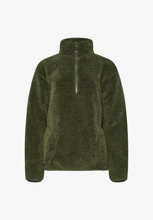 Sudadera de forro polar verde oliva, con media cremallera, cuello alto y tejido texturizado. Incluye bolsillos laterales y un diseño de ajuste relajado.