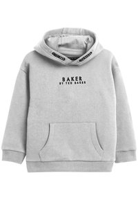 Grijze hoodie van zacht materiaal, met een voorzak, een trekkoordkap en de bedrukte tekst "BAKER by TED BAKER" op de voorkant.