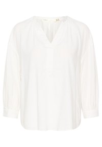 Blusa bianca in tessuto leggero con scollo a V, maniche a tre quarti e dettagli arricciati al collo e alle maniche.