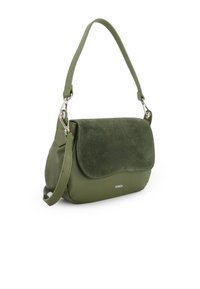 Green leather and suede shoulder bag with a structured shape, contrasting textures, a flap closure, and metal hardware accents.