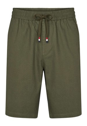 Pantaloni scurți verde măsliniu cu talie elastică și șnur, având un buzunar frontal și accente contrastante din metal în roșu, alb și albastru.